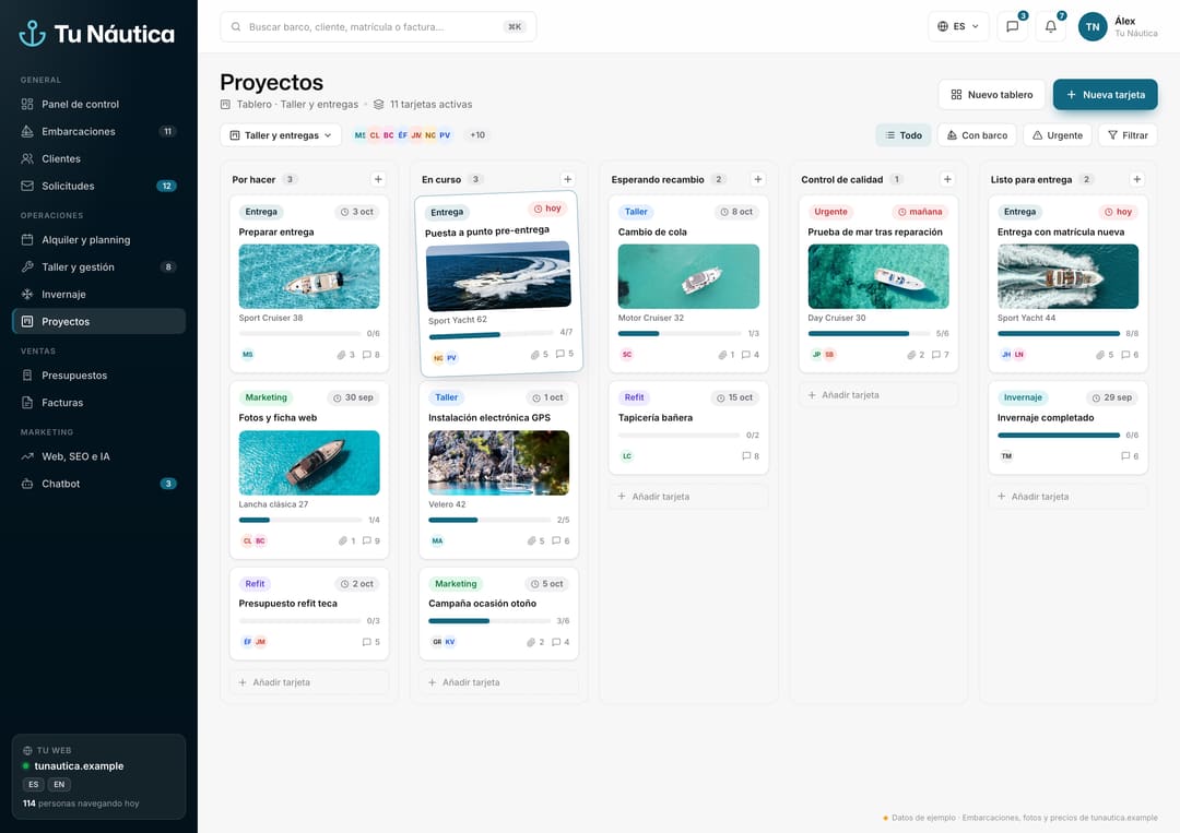 Tablero de proyectos con datos de ejemplo: tarjetas por barco en columnas de por hacer, en curso y listo.